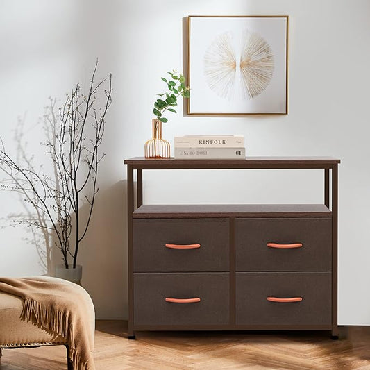 Dresser for Bedroom, 4 Drawer Organizer Unit with Open Shelves, Sturdy Steel Frame, Wooden Top Fabric Dressers & Chest of Drawers for Nursery, Living Room, Office, Closet Storage, Coffee
