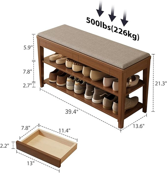 Shoe Bench with Storage, Wooden Shoe Storage Bench with Cushion&Hidden Drawer, 2-Tier Shoe Rack Bench for Entryway, Mudroom, Hallway
