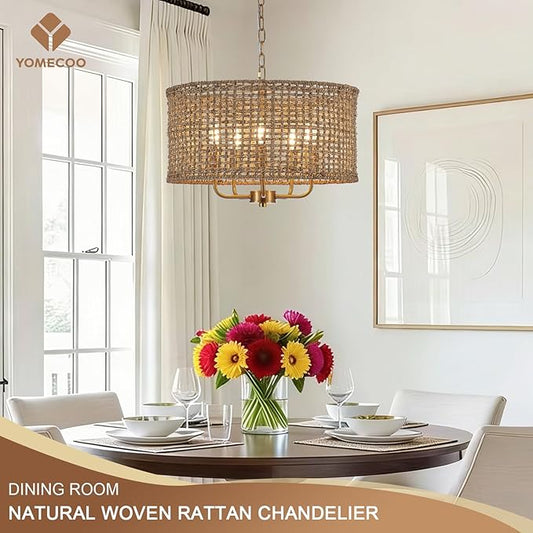 Boho Hand-Woven Rattan Chandelier Vintage Farmhouse Bamboo Golden Chandelier Modern 5-Lights Drum Wicker Gold Chandeliers for Dining Room, Kitchen, Living Room, Entryway, Bedroom, E12