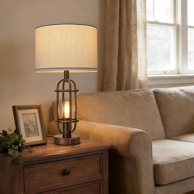 Table Lamps for Living Room Set of 2, 22.3" Farmhouse Lamps for Nightstand, Industrial Table Lamps for Bedroom with USB Ports, Retro Bronze