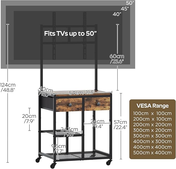 TV Stand with Mount, Corner TV Stand with Wheels, for TVs up to 50 Inches, Rolling Entertainment Center, Small TV Stands, for Living Room, Meeting Room, Bedroom, Rustic Brown DS08BR