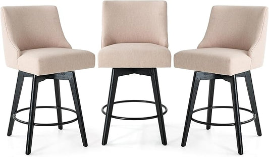 Vipbear Counter Height Bar Stools Set of 3, 26" H Swivel Bar Stools with Backs, Linen Fabric Upholstered Bar Chairs with Solid Wood Legs for Kitchen Island, Dining Room, Home Bar, Beige