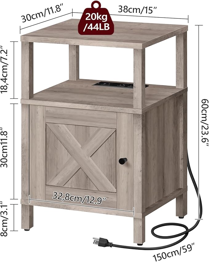 Farmhouse Nightstand with Charging Station, Greige Bedside Table with USB&Type-C Ports and Outlets, End Table with Storage, Night Stand for Bedroom, Greige ETGY96E01