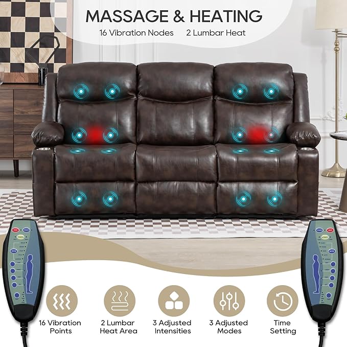 Manual Reclining Sofa - 3 Seat Recliner Sofa with Heat & Massage Function, Wall-Hugger Reclining Sofa for Living Room (Brown) | Side Pocket, Cup Holder