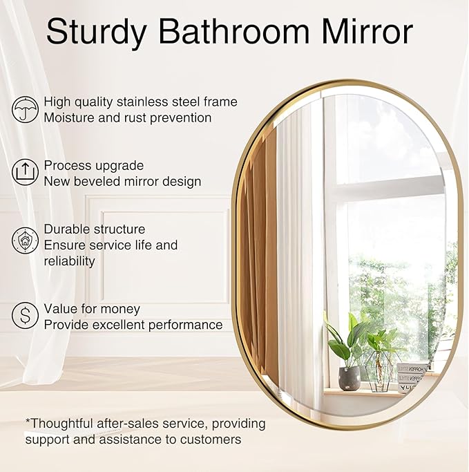POZINO Modern Oval Beveled Mirror, 22"x30" Brushed Gold Bathroom Vanity Mirror Over Sink, Pill Shaped Capsule Wall Mounted Mirrors for Living Room Bedroom Entryway, Hangs Vertically or Horizontally