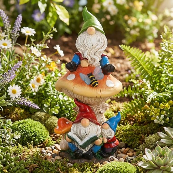 TERESA'S COLLECTIONS Garden Gnomes Statues Decorations for Yard with Solar Lights, Resin Gnome on Mushroom Reading Garden Decor Outdoor for Patio Lawn Ornaments,Ideal Gifts for Dad and Mom, 12.6"