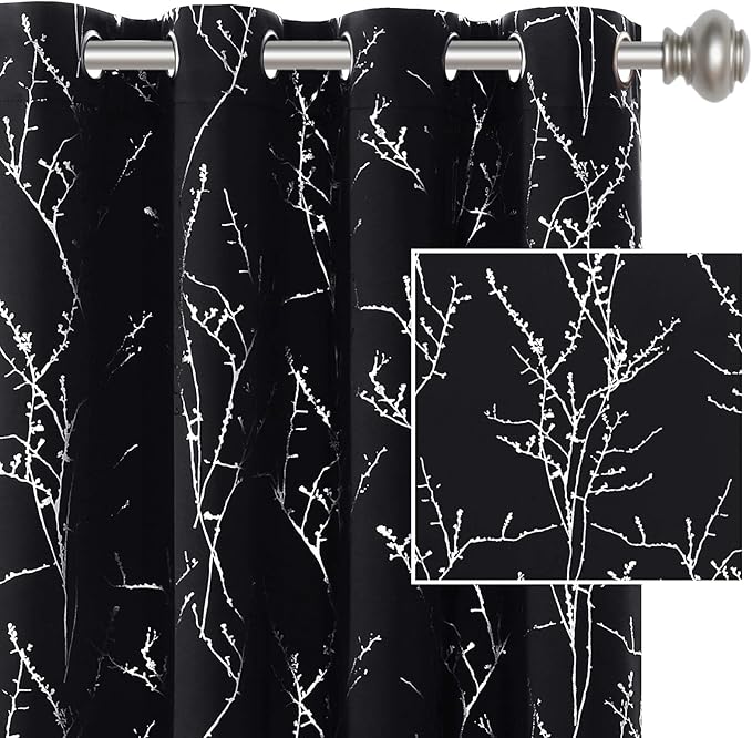 H.VERSAILTEX Blackout Curtains for Bedroom Foil Print Twig Tree Branch Thermal Insulated Grommet Curtain Drapes Light Blocking Thick Soft Window Curtains for Living 52 x 63 Inch, 2 Panels, Black