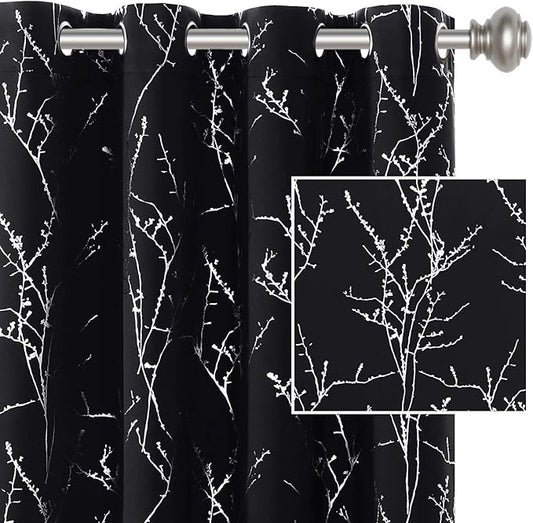 H.VERSAILTEX Blackout Curtains for Bedroom Foil Print Twig Tree Branch Thermal Insulated Grommet Curtain Drapes Light Blocking Thick Soft Window Curtains for Living 52 x 63 Inch, 2 Panels, Black