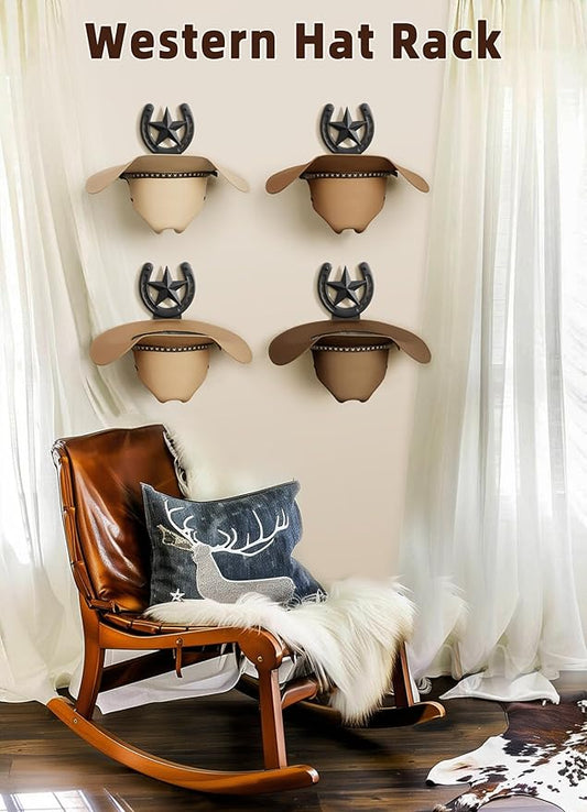 Cowboy Hat Holder Wall Mount for Wide Brim Hats Rustic Horseshoe Hooks with Texas Star Metal Hat Hanger Organizer for Closet Horse Trailer Entryway Bedroom Barn Farmhouse Western Decor, 4 Pack, Black