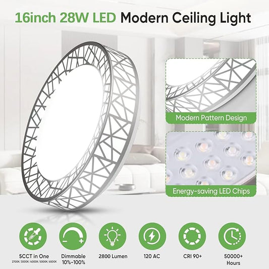 16 Inch Flush Mount Ceiling Light, Modern Brushed Nickel LED Ceiling Light Fixture, 28W 2800LM 2700-6500K Adjustable, Dimmable Ceiling Lights for Bedroom, Kitchen, Hallway, Bathroom, ETL
