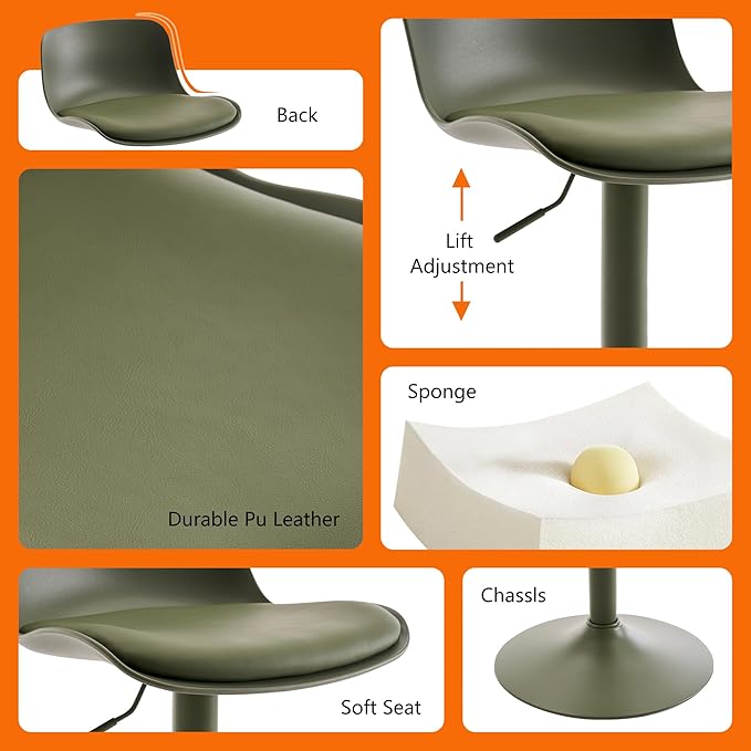 Kidol & Shellder Bar Stools Set of 2 Olive Green Adjustable Swivel Counter Height Stools, Modern PU Leather Upholstered with Back Solid Color Barstools for Kitchen Island