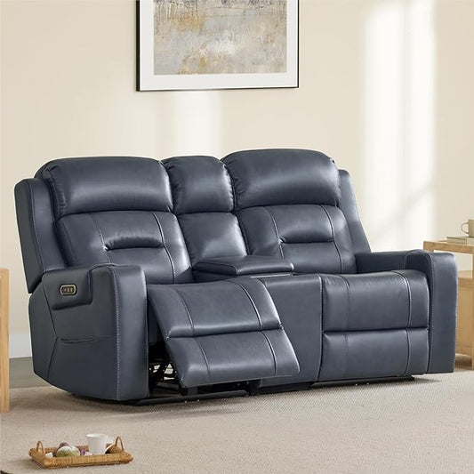 Watson & Whitely Genuine Leather Power Loveseat Recliner Sofa, Lay Flat Reclining Sofa with Console, Power Headrest, Cup Holders & Wireless Charging, Dual Recliner for Living Room, Navy Blue