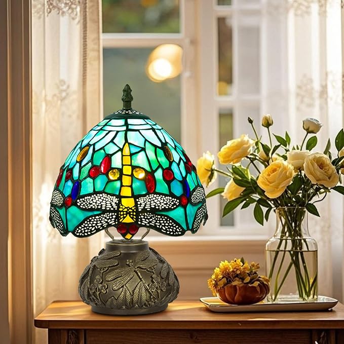 Small Tiffany Table Lamp,Stained Glass Lamp,8 Inch Mushroom Style Mini Vintage Desk Lights for Bedside, Bedroom,Nightstand,Living Room,3 Color Temperature (Green Dragonfly)