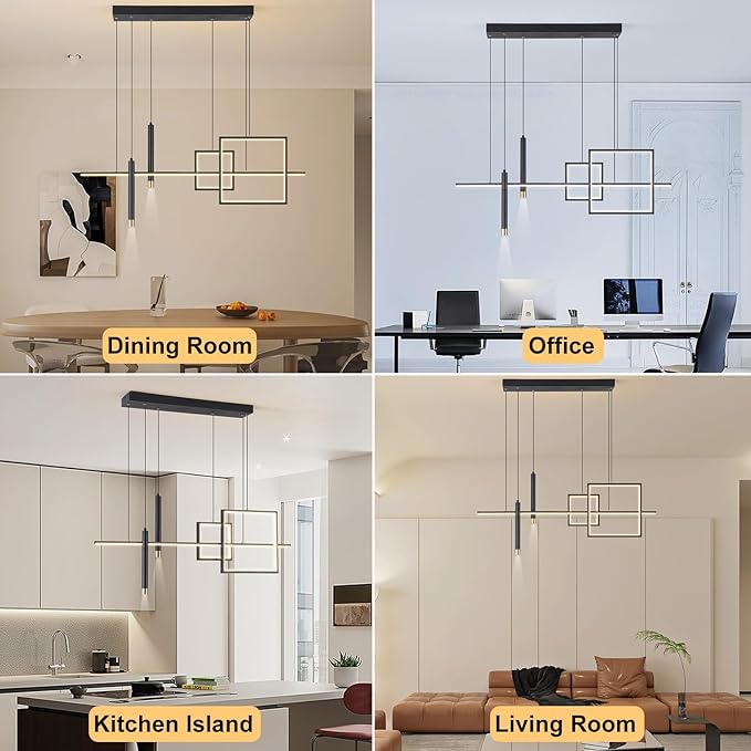 Modern LED Chandelier Lighting, Dimmable Linear Black Pendant Light with Squares, 39in Dining Room Hanging Light Fixture, Kitchen Island Pendant Light for Dining Table Bar (3000lm/50W)