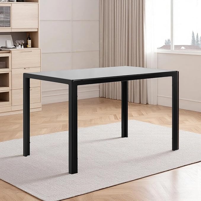 Tempered Glass Dining Table, Minimalist Rectangular Table with Transparent Surface and Metal Frame Construction, 47.3'' Table up to 4 People, Supports up to 170 Lbs, for Family Meals, Black