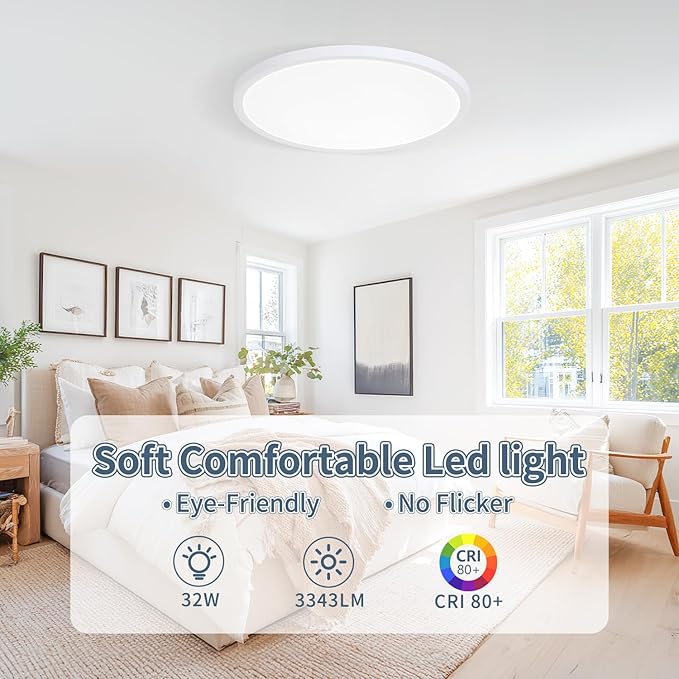 14.9 Inch 4PK LED Flush Mount Ceiling Light, ETL ,32W, 3343LM, 3000K/3500K/4000K/5000K/6500K CCT Selectable, 0.66in Ultra Thin Round Flat Panel Ceiling Light Fixture for Bedroom, Kitchen, (White)