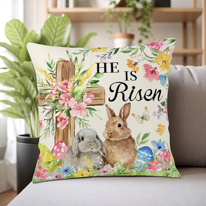 He is Risen Easter Bunny Pillow Covers 22x22 Set of 2 Bunnies Floral Cross Throw Pillows Spring Rabbits Colorful Eggs Outdoor Farmhouse Pillow Case for Couch Home Sofa Bed Porch Decor