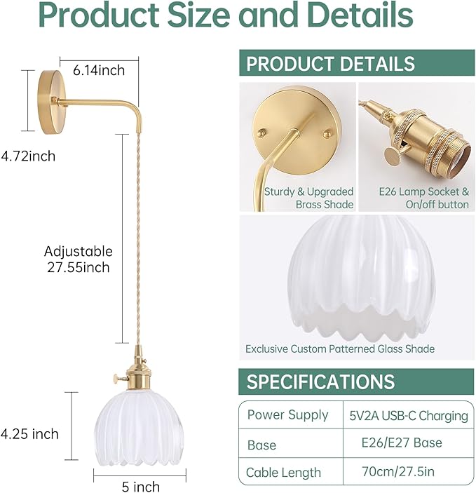 Battery Operated Wall Sconce with White Tulip Shade Pattern Glass Adjustable Chain Retro Gold Wall Mounted Light, Modern Wall Lamp Fixtures Decor for Bedside Bedroom Indoor Doorway