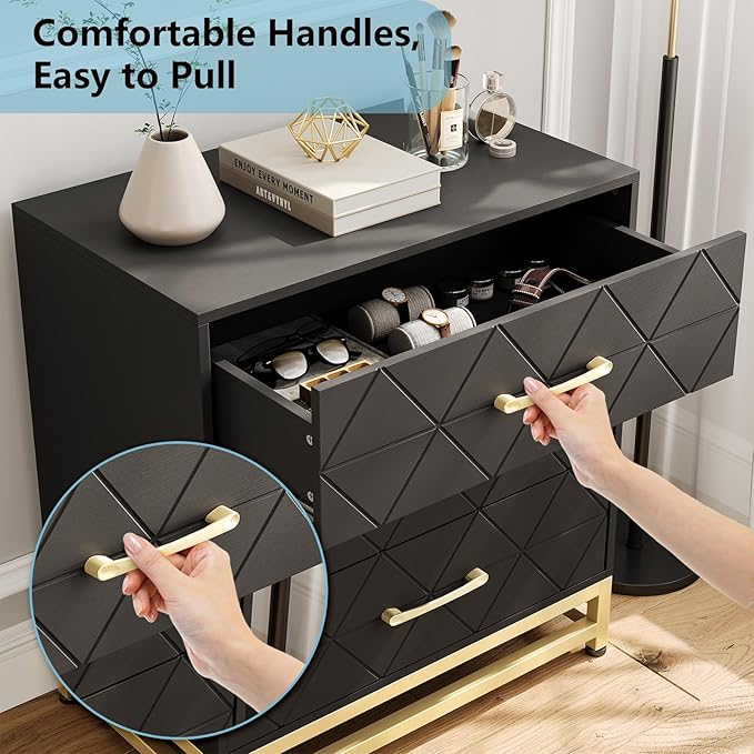 GarveeHome Wooden Dresser for Bedroom, Dressers & Chest of Drawers with 3 Drawer, Wood nightstand for Storage and Organization (Black)