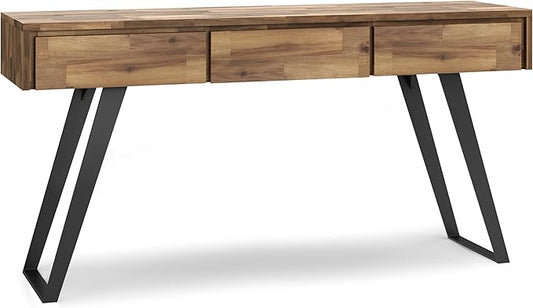 SIMPLIHOME Lowry SOLID ACACIA WOOD and Metal 60 Inch Wide Modern Industrial Console Sofa Table in Distressed Golden Wheat, For the Living Room, Entryway and Bedroom