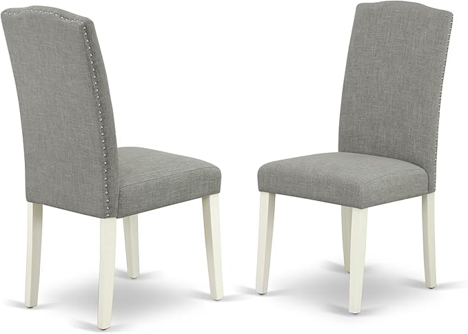 East West Furniture ENP2T06 Encinal Parson Dining Chairs - Nailhead Trim Dark Shitake Linen Fabric Padded Chairs, Set of 2, Linen White