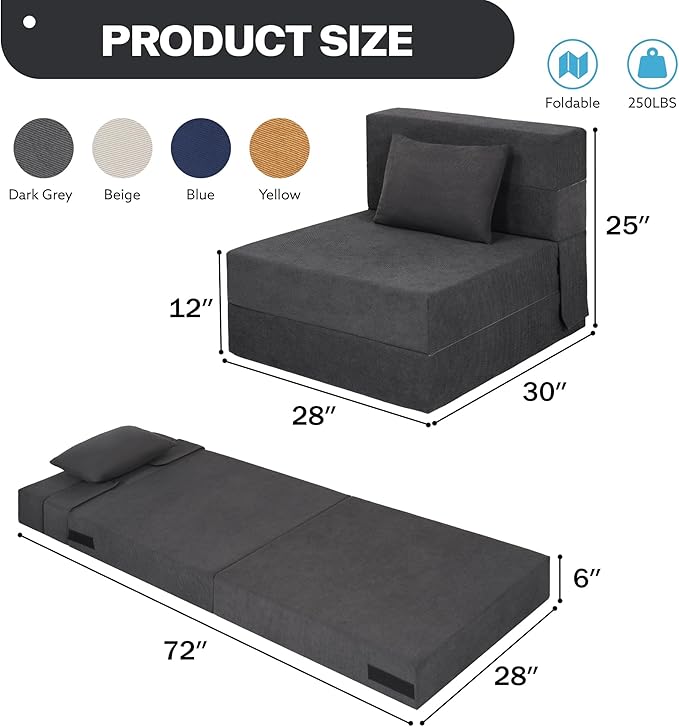 Fvkind Folding Sofa Bed, 4 in 1 Convertible Fold Out Single Chair Bed with Pillow, Memory Foam Futon Chair, Foldable Futon Couch, Foldable Sofa Mattress for Living Room, Bedroom, Guest Room, Dark Grey