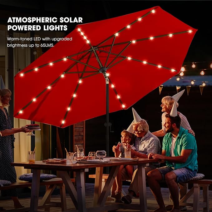 wikiwiki 9FT Solar Led Patio Umbrella with Base Included, 32 LED Lights, 8 Sturdy Ribs, Fade Resistant Waterproof POLYESTER DTY Canopy for Garden, Lawn, Deck, Backyard & Pool, Red