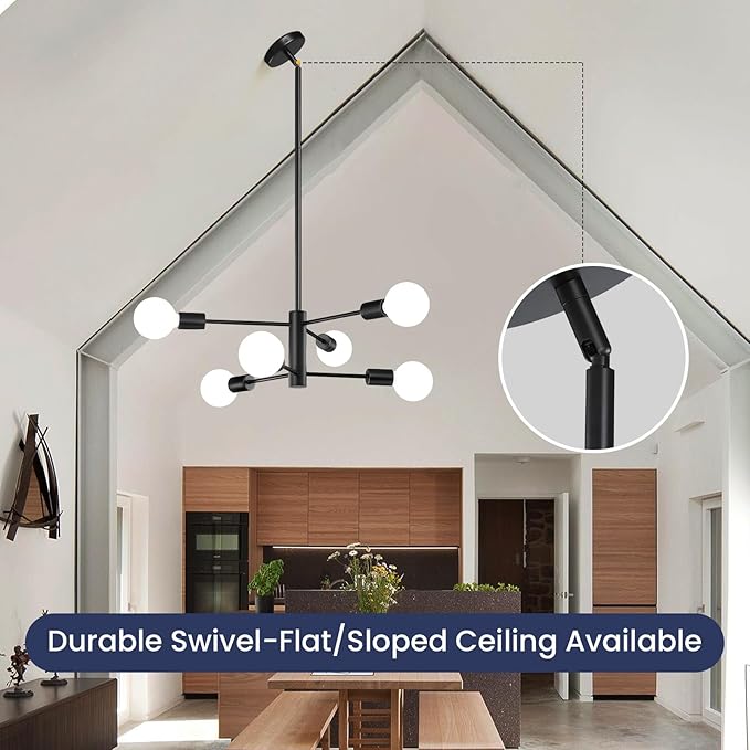 Modern Sputnik Chandeliers Light, 6-Light Black Chandeliers for Dining Room, Height Adjustable Ceiling Lights Farmhouse Chandelier for Kitchen Island Living Room Bedroom Visit The Store