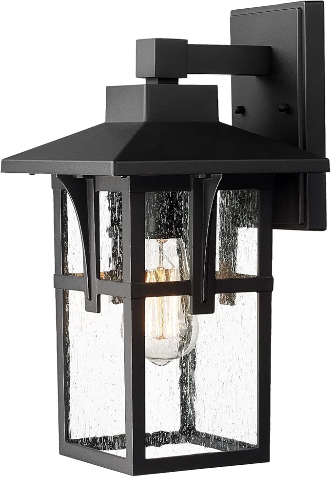 zeyu Farmhouse Outdoor Wall Light, Exterior Wall Sconce Lighting for Front Porch Garage, Die-Cast Aluminum with Seeded Glass, Black Finish, ZX1B BK