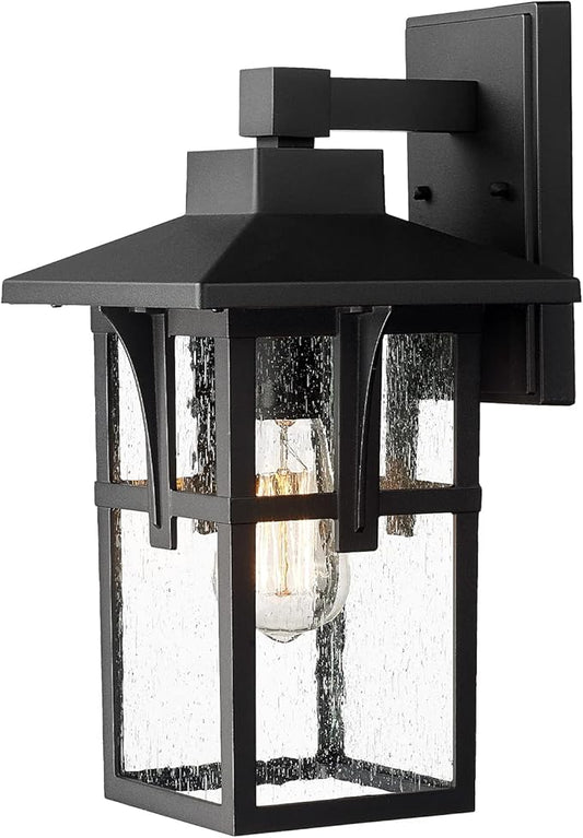 zeyu Farmhouse Outdoor Wall Light, Exterior Wall Sconce Lighting for Front Porch Garage, Die-Cast Aluminum with Seeded Glass, Black Finish, ZX1B BK