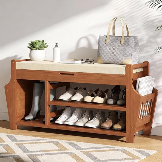 47.2in Shoe Bench Entryway - Bamboo Shoe Rack Bench with Storage, Shoe Rack Organizer with Cushion, 2 Side Holder, Holds Up tp 330lbs for Front Door Entrance, Living Room