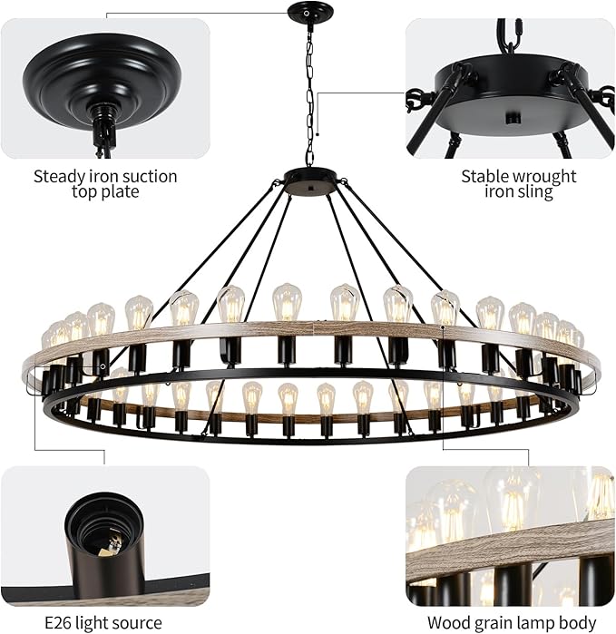 Wagon Wheel Chandelier 60-Inch 36-Light, Black and Oak Wood Tone Finish Round Rustic Farmhouse Chandelier Extra Large for High Ceilings, Living Room Foyer