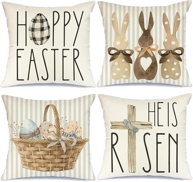 GEEORY Happy Easter Throw Pillow Covers 18x18 Set of 4 Easter Decorations for Home Bunny He is Risen Cross Eggs Decorative Spring Home Decor for Sofa Couch G209-18