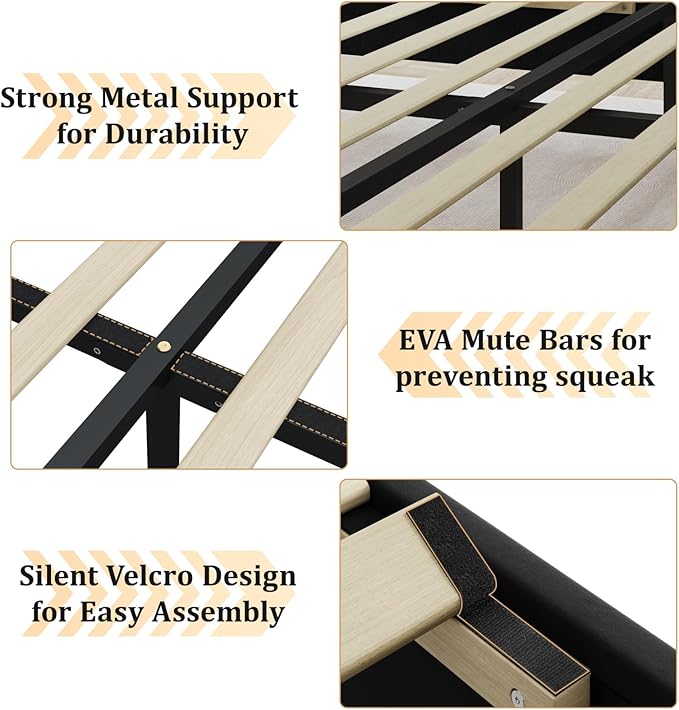 Full Size Bed Frame with Velvet Upholstered Headboard, Platform Bed Frame No Box Spring Needed, Modern Bedframe with Strong Wooden Slats, Black