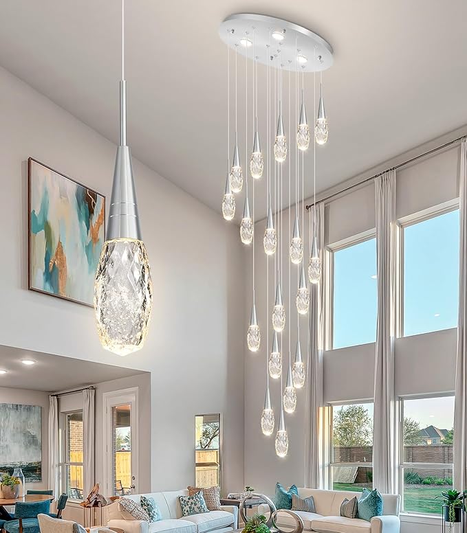 18-Lights 138 Inches Modern Chandelier LED Light Fixtures High Ceiling Long Light Chandelier for Entrance Foyer Dimmable Drop Lights with Remote Living Room Ceiling Pendant Lighting Shine Silver