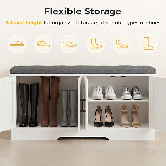 NEWBULIG 2-Tier Storage Bench, 47" Wide Shoe Bench with Padded Seat Cushion, Entryway Bench with 4 Barn Doors and Adjustable Shelf, White