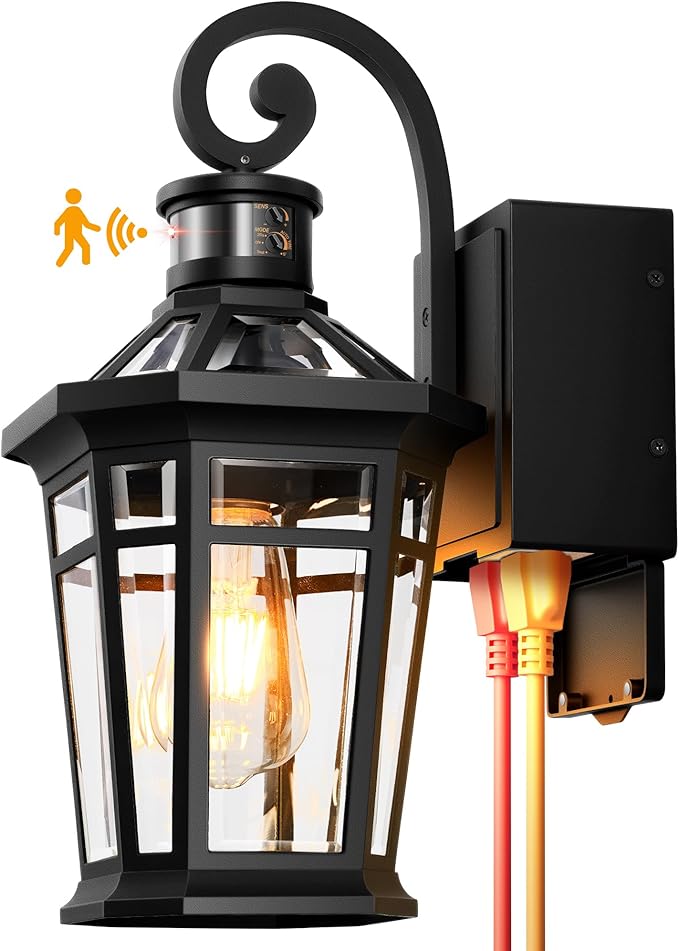 OPAIXS Motion Sensor Outdoor Wall Lights with Outlet, Black Front Porch Light with GFCI Outlet, Modern Coach Lights for Garage, Waterproof Exterior Wall Sconce Lantern, E26 Outside Wall Light Fixture