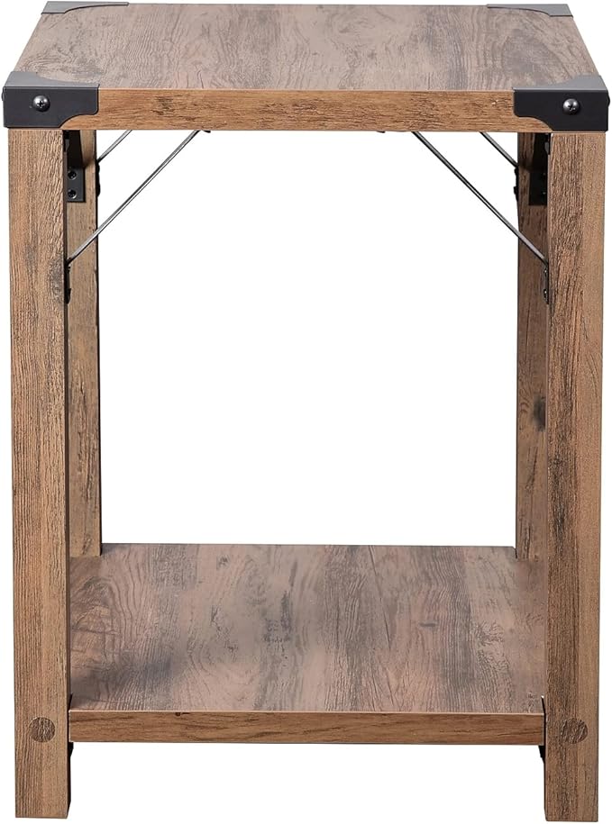 Flash Furniture Wyatt Modern Farmhouse 2 Tier Side Table - Rustic Oak Engineered Wood Frame - Black Metal Crisscross Side Braces and Corner Accents