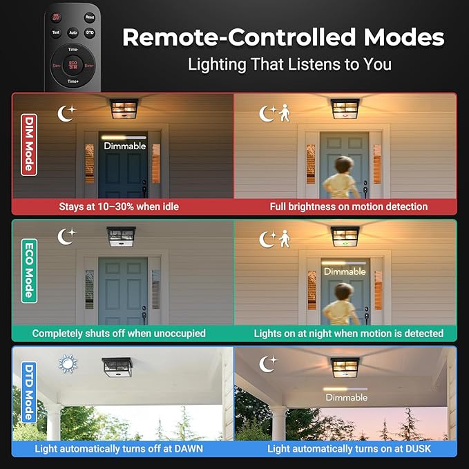 VIANIS Motion Sensor Outdoor Ceiling Light with Remote Control, 2-Light Black Modern Outdoor Flush Mount Light for Garage, Porch, Entryway, Square, Upgraded 5 Lighting Modes Adjustable Distance Time