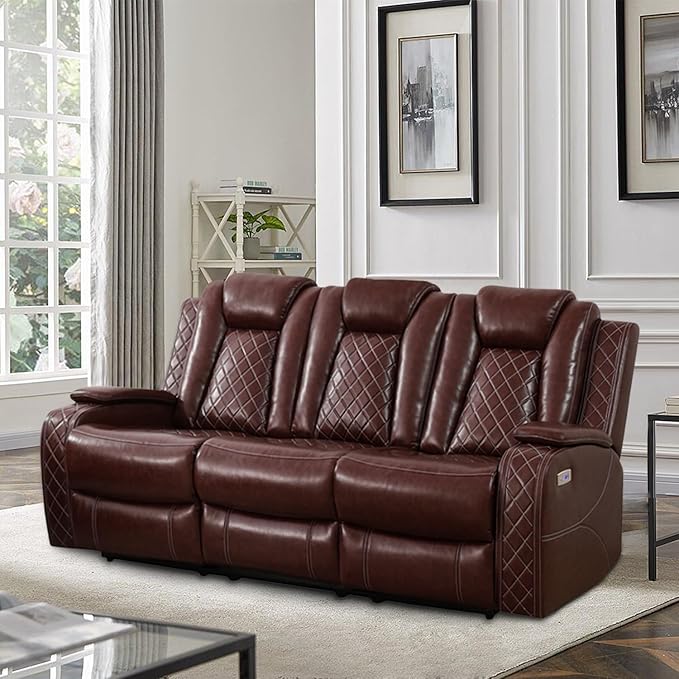 Power Recliner Sofa, Air Leather Reclining Couch with LED/Storage, 3-Seater Reclining Sofa, Burgundy Leather Couch for House/Apartment/Office