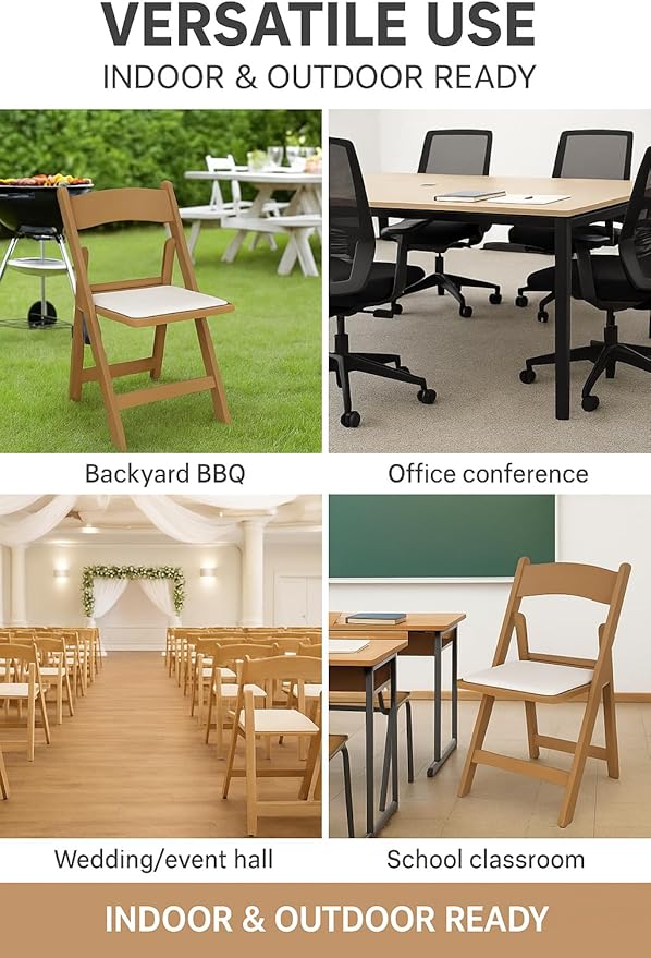 BTEXPERT Resin Folding Chair Vinyl Padded Seat Indoor Outdoor Lightweight Set for Home Event Party Picnic Kitchen Dining Church School Weddings- 4 Natural Chestnut