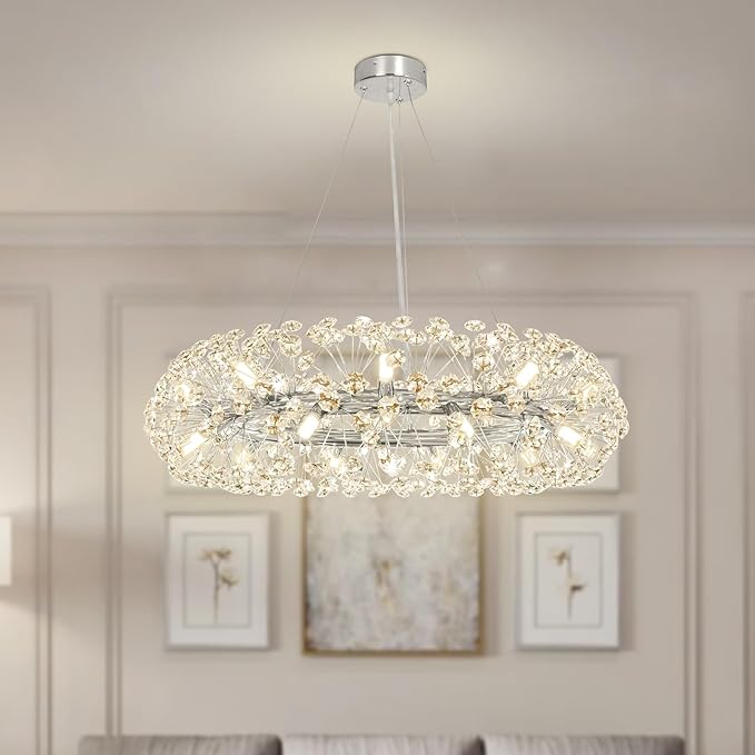 Depuley 20-Light Modern Silver Crystal Chandelier, 26.8" Firework Crystal Ring Chandeliers, Round Dandelion Chandelier, Sputnik Ceiling Pendant Light Fixtures for Dining Room(G9 Bulbs Included)