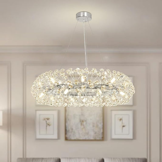 Depuley 20-Light Modern Silver Crystal Chandelier, 26.8" Firework Crystal Ring Chandeliers, Round Dandelion Chandelier, Sputnik Ceiling Pendant Light Fixtures for Dining Room(G9 Bulbs Included)