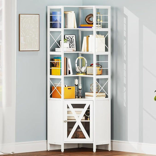 YITAHOME Corner Shelf with Door, 7-Tier Tall Bookshelf, Bookcase Cabinet with Shelves Freestanding Storage Stand for Living Room, Kitchen, White