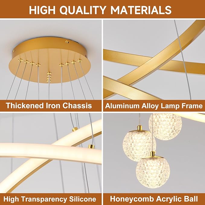 LED Modern 3 Ring Chandeliers for Dining Room, 24in Dimmable Kitchen Pendant Lamp, Gold Dining Room Light Fixtures Ceiling Hanging Over Table, Globe Round Chandeliers for Living Room Bedroom