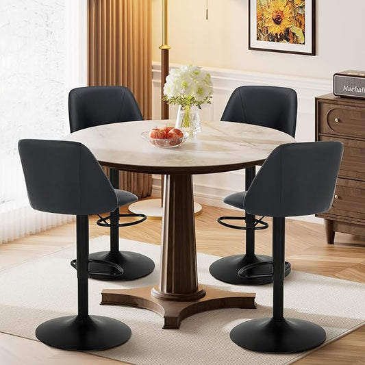 COLAMY Adjustable Bar Stools, Modern PU Leather Bar Chairs with Curved Mid-Back, 360° Swivel Counter Height Stools with Footrest & Sturdy Base for Kitchen Island, Dining Room, Home Bar,Set of 4
