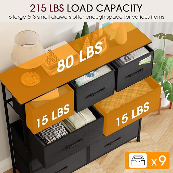 FDW 9-Drawer Fabric Dresser,Sturdy Storage Tower Dresser for Bedroom with Metal Frame,Clothes Organizer Easy-Pull Fabric Bins for Bedroom,Closet,Black