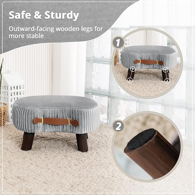 LUE BONA Small Curved Foot Stool with Handle, Gray Velvet Footstool and Ottomans, Modern Foot Rest with Wooden Legs, Step Stool with Padded Seat for Couch, Living Room