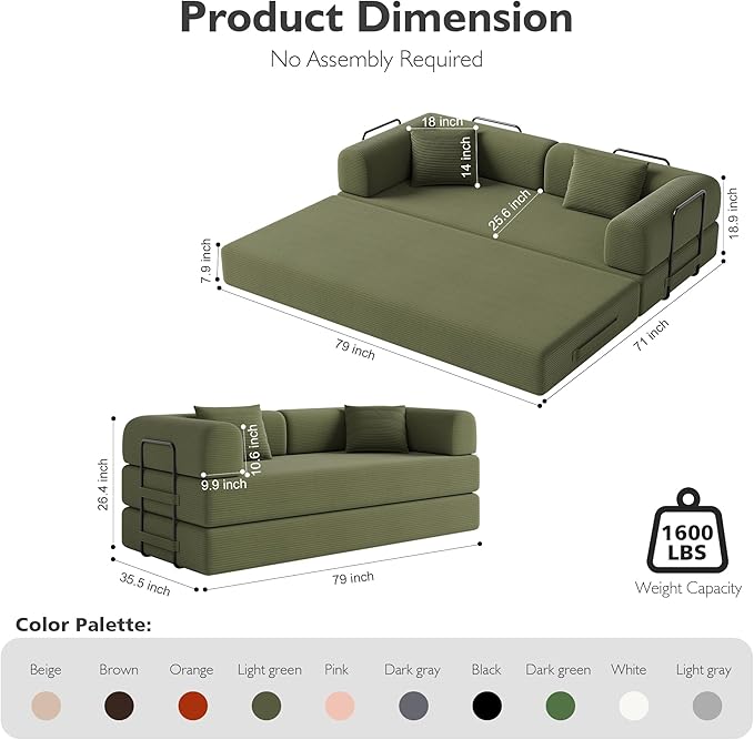79in Convertible Sofa Bed, Corduroy Boneless Couch Bed, Futon Sleeper Sofa Pull Out Bed, Foldable Couch for Living Room Apartment, No Assembly Required
