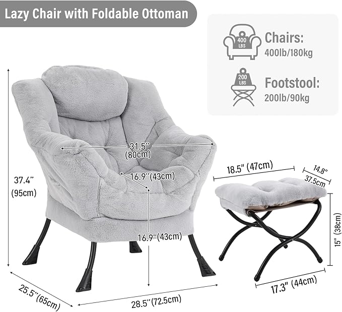 Lazy Chair with Ottoman, Modern Chair with Folding Footrest, Plush Grey Accent Chair, Comfortable Reading Chair, Oversized Armchairs for Bedroom, Study, Living Room, Courtyard